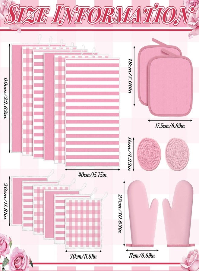Sratte 18 Pcs Pink Kitchen Decor Accessories Set Oven Mitts Pot Holders Kitchen Towels Dishcloths Oven Gloves Dish Towels Heatproof Potholders Pink and White Striped Gingham Plaid for Baking Cooking - Image 4