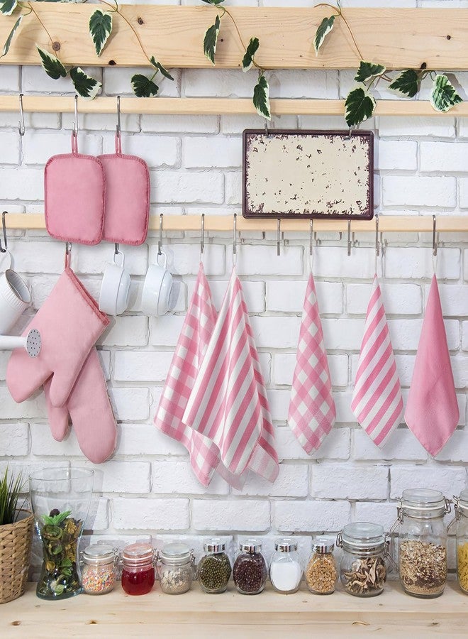 Sratte 18 Pcs Pink Kitchen Decor Accessories Set Oven Mitts Pot Holders Kitchen Towels Dishcloths Oven Gloves Dish Towels Heatproof Potholders Pink and White Striped Gingham Plaid for Baking Cooking - Image 2