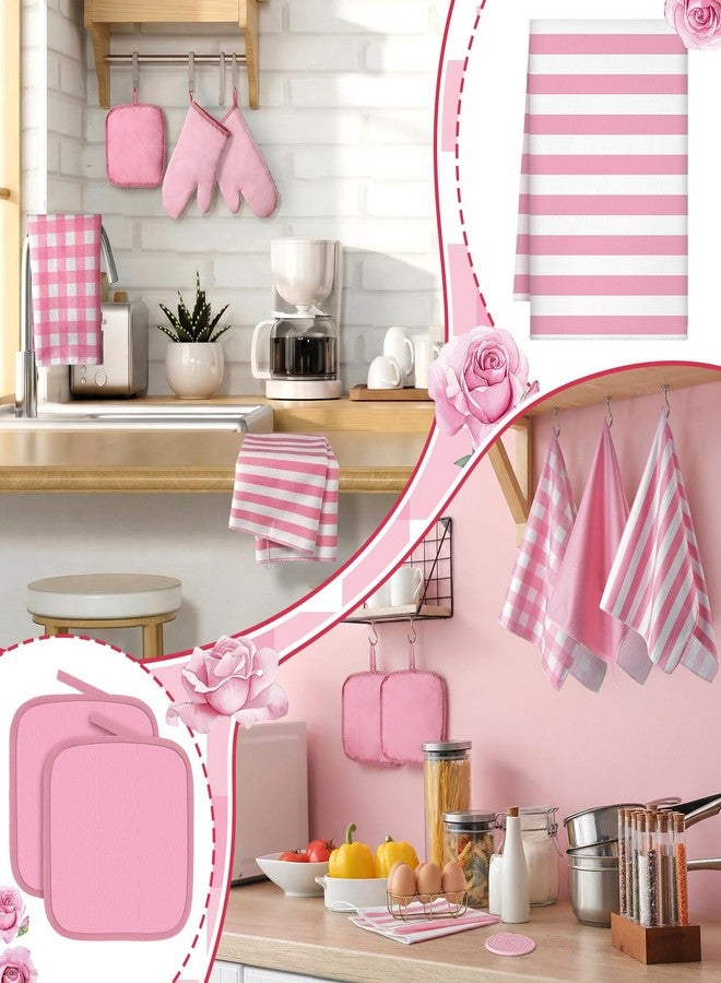Sratte 18 Pcs Pink Kitchen Decor Accessories Set Oven Mitts Pot Holders Kitchen Towels Dishcloths Oven Gloves Dish Towels Heatproof Potholders Pink and White Striped Gingham Plaid for Baking Cooking - Image 3