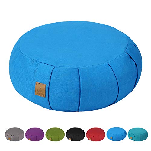 FelizMax Round Buckwheat Meditation Cushion, D=38cm H=14cm Zafu/Zabuton Meditation Pillow, Yoga Bolster Floor Pouf Zippered Organic Cotton Cover Machine Washable Large Crescent Yoga Pillow-Sky Blue - Image 1