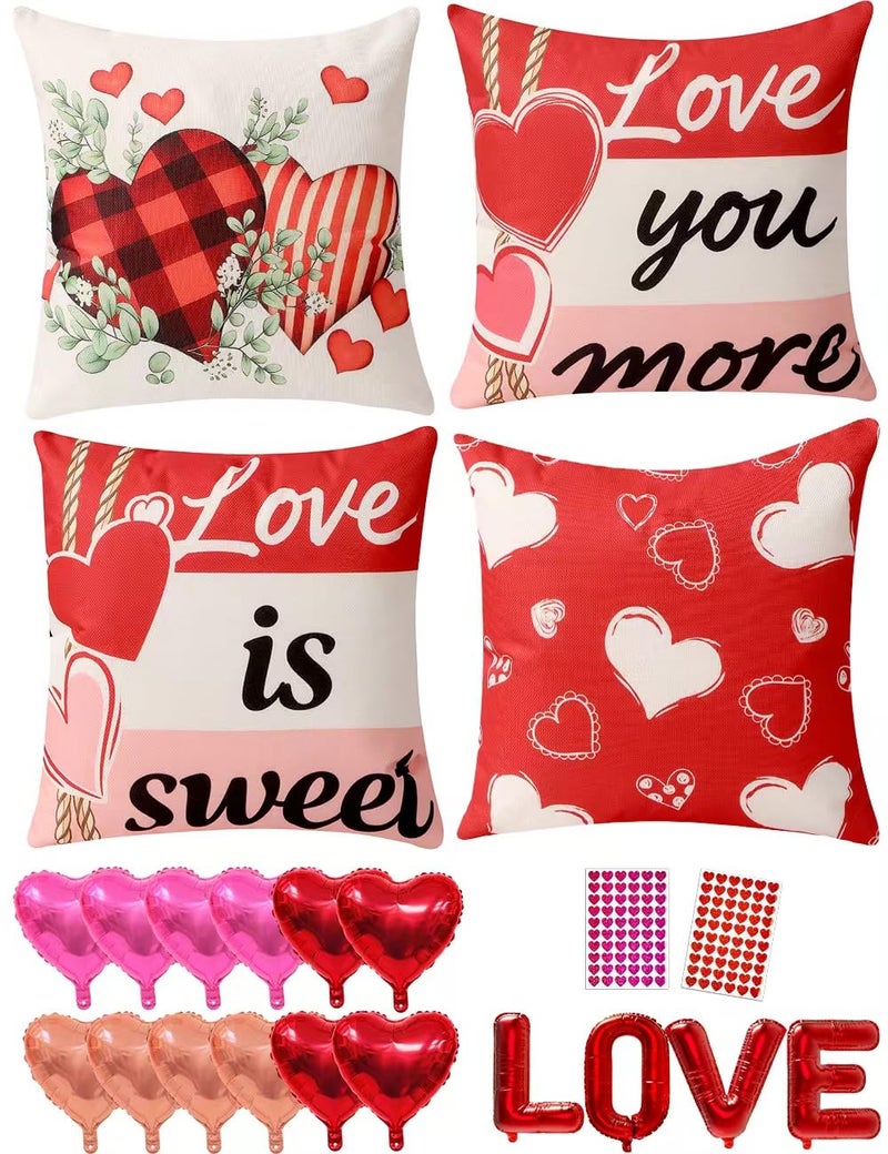 multiwins Valentine Decorations Set of 4 Double-Sided Valentine's Day Pillow Covers 18" x 18", Reversible 8 Designs, with 16 pcs Heart & Love Balloons, Stickers, Complete Valentines Decor Kit - Image 1