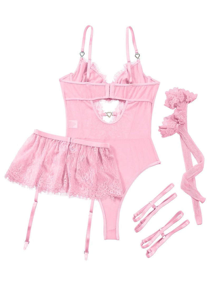 Lilosy Sexy Stocking Rhinestones Heart Garter Underwire Floral Mesh lace Sheer Babydoll Lingerie Teddy Bodysuit Skirt Set Women 2 3 Piece Push Up See Through Pink Medium - Image 4