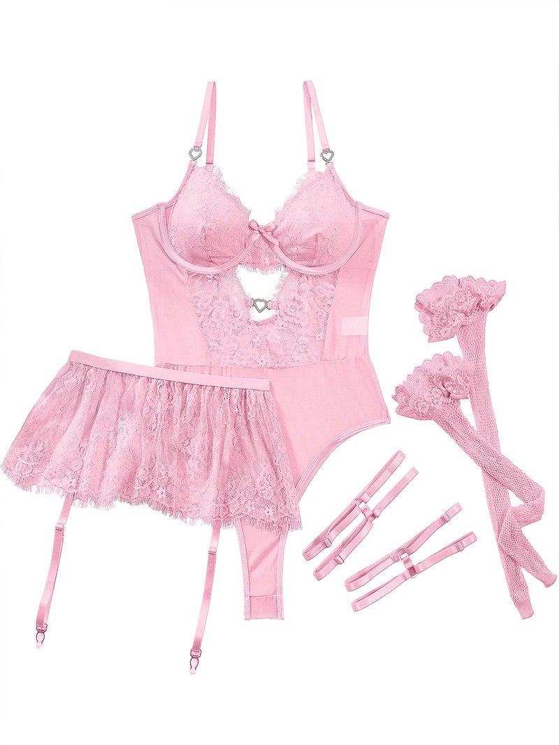 Lilosy Sexy Stocking Rhinestones Heart Garter Underwire Floral Mesh lace Sheer Babydoll Lingerie Teddy Bodysuit Skirt Set Women 2 3 Piece Push Up See Through Pink Medium - Image 3