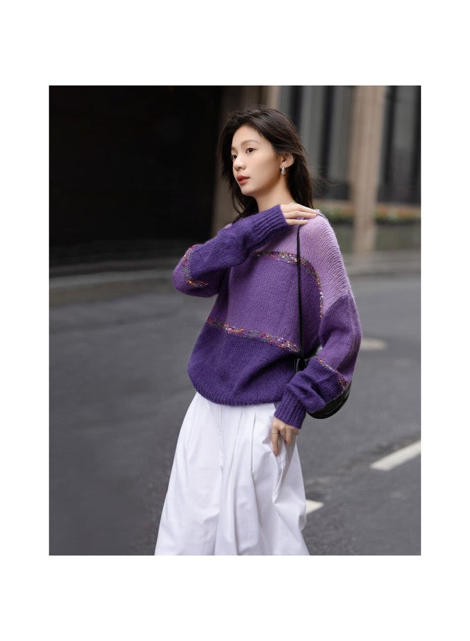 dme Dme Spring And Autumn Season South France Slow Travel Color-block Loose Knit Sweater Women's Top With Wool Blend  - Image 3