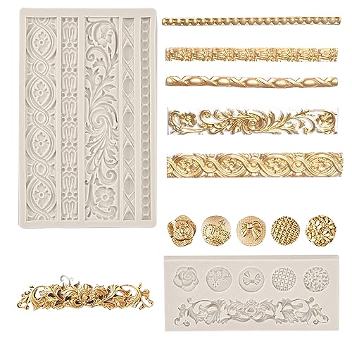 OKUYAN قالب سيليكون فوندان 2 عبوة من أوكويان 3D باروك منحوت قالب كعكة حدود متعرجة قوالب دانتيل بارز قوالب فوندان راجعة قوالب فوندان سيليكون لتزيين الكعك لصناعة السكر الطين الصمغ الزينة الحلوى