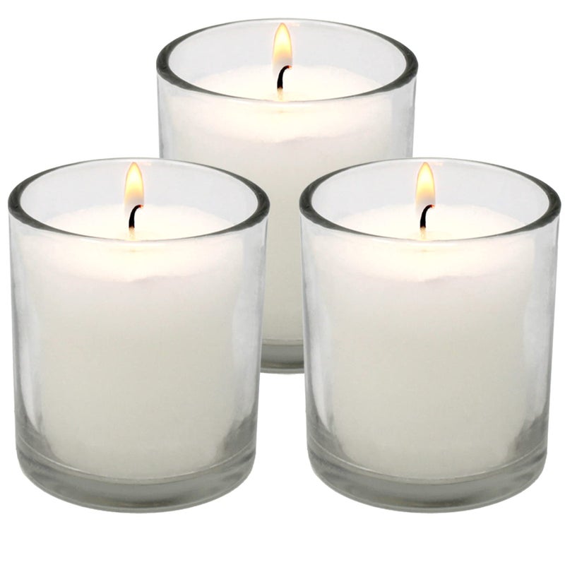 White Votive Candles in Glass Jar 3 Pk Long Burning 24 Hour Smokeless Unscented Votives Wedding Dinner Party Relaxing Candles