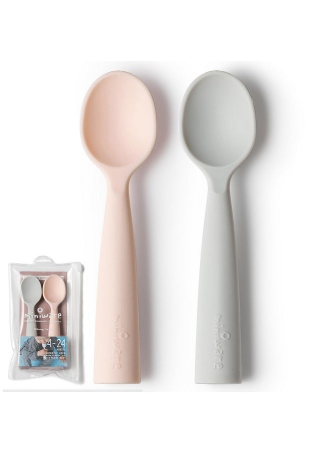 Miniware Silicone Baby Spoon For Training - Bpa Free Baby Utensils - Baby Spoons Self Feeding 6 Months | 100% Food Grade Silicone - Modern & Dishwasher Safe Toddler Spoons (Grey And Peach)  - Image 1