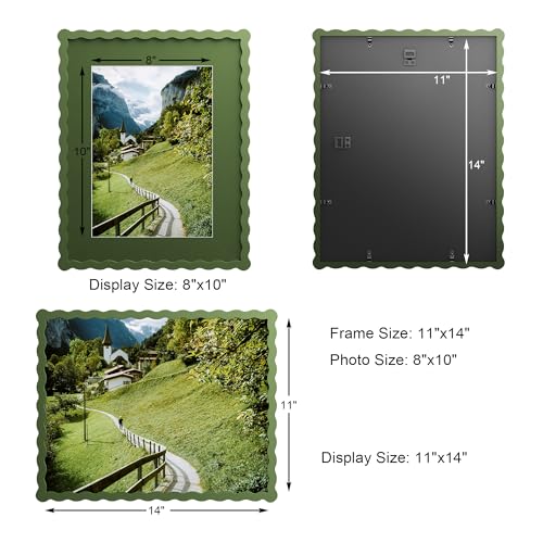 Chrspk 11x14 Wavy Picture Frame With Mat For 8x10, Wavy Edge Wooden Picture Frame with Real Glass - Wall Mount Display, Green, 2 Pack - Image 2