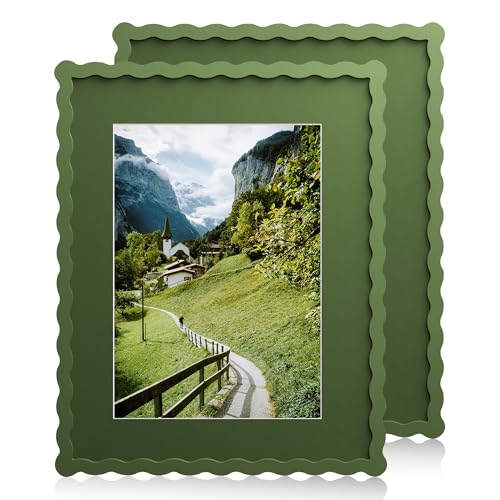 Chrspk 11x14 Wavy Picture Frame With Mat For 8x10, Wavy Edge Wooden Picture Frame with Real Glass - Wall Mount Display, Green, 2 Pack - Image 1