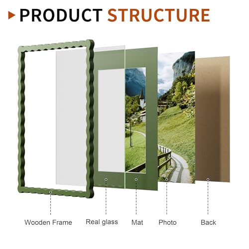 Chrspk 11x14 Wavy Picture Frame With Mat For 8x10, Wavy Edge Wooden Picture Frame with Real Glass - Wall Mount Display, Green, 2 Pack - Image 4