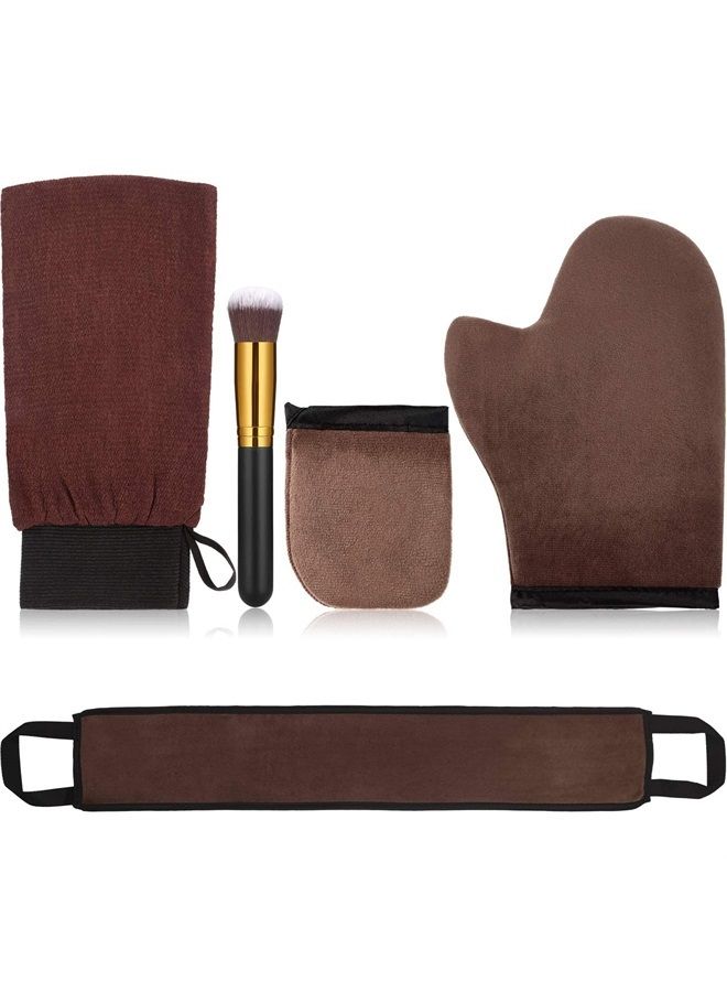 BOAO 5 Pieces Self Tanning Mitt Applicator Kit, Includes Exfoliating Glove, Tanning Mitt, Mini Face Mitt, Back Lotion Applicator with Self Tanner Brush Large Flat Top Makeup Brush (Brown)  - Image 1
