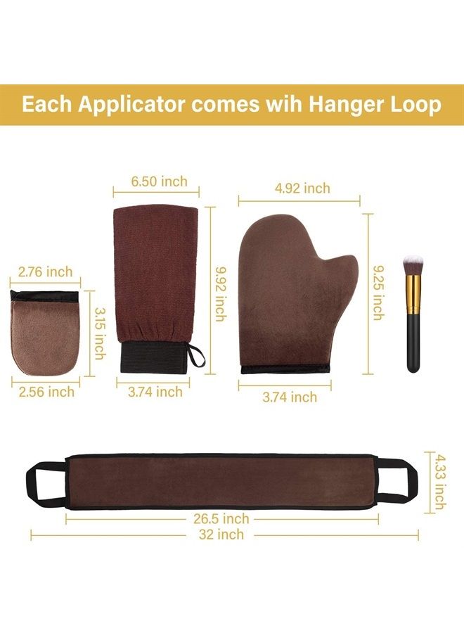 BOAO 5 Pieces Self Tanning Mitt Applicator Kit, Includes Exfoliating Glove, Tanning Mitt, Mini Face Mitt, Back Lotion Applicator with Self Tanner Brush Large Flat Top Makeup Brush (Brown)  - Image 2