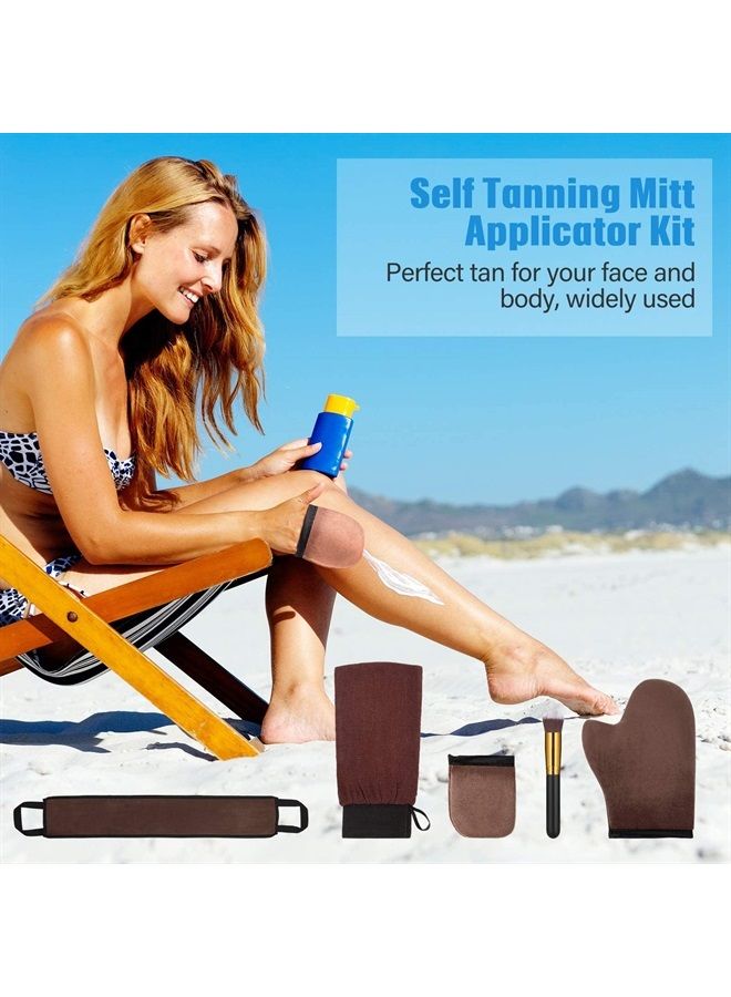 BOAO 5 Pieces Self Tanning Mitt Applicator Kit, Includes Exfoliating Glove, Tanning Mitt, Mini Face Mitt, Back Lotion Applicator with Self Tanner Brush Large Flat Top Makeup Brush (Brown)  - Image 3