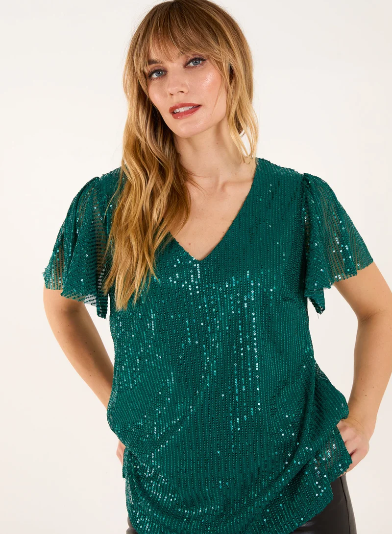 Blue Vanilla Angel Sleeve V Neck Sequin Top