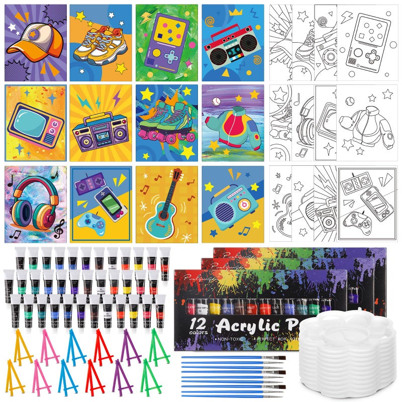Sherr 108 Pcs 12 Set Retro Time Sip and Paint Kit for Adults 8''x10'' Pre Drawn Canvas to Paint DIY Acrylic Painting Kit Pre Printed Canvas for Date Night Mother's Day Party Team Building - Image 1