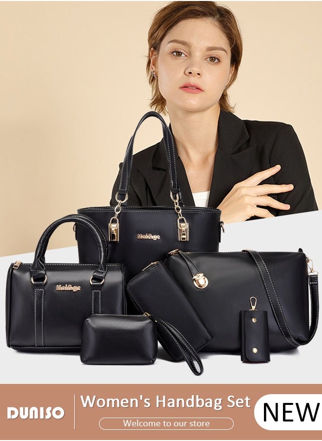DUNISO - 6 Pcs Handbags Set for Women, Black PU Leather Purse Sets, Ladies Fashion Multipurpose Travel Tote Bag, Shoulder Bag Crossbody Bag for Business Shopping Travelling - Image 1