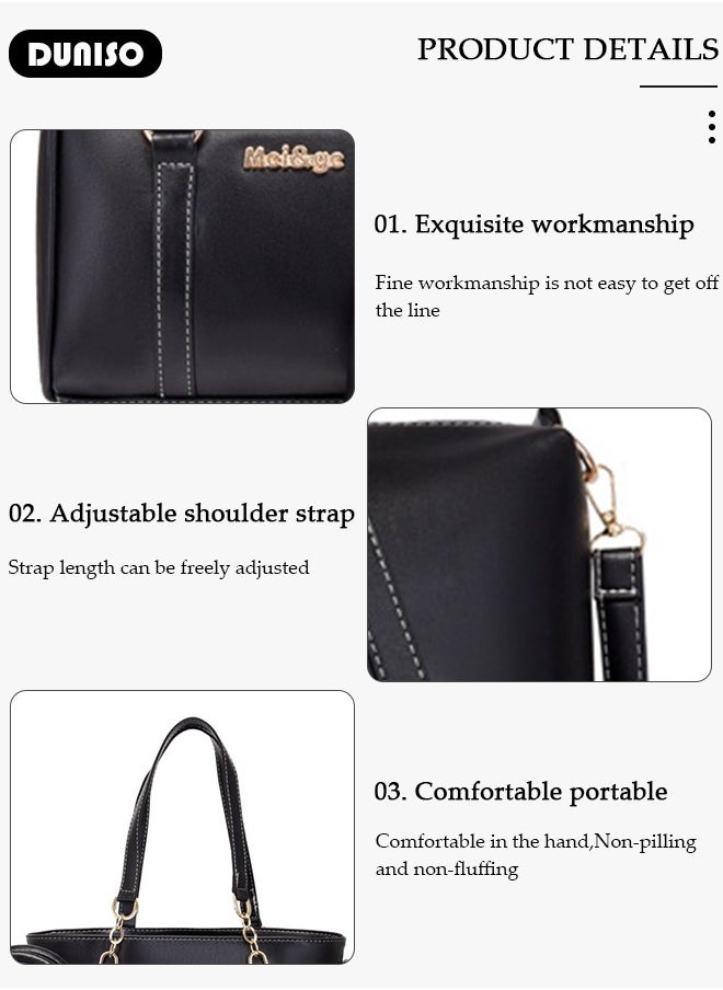 DUNISO - 6 Pcs Handbags Set for Women, Black PU Leather Purse Sets, Ladies Fashion Multipurpose Travel Tote Bag, Shoulder Bag Crossbody Bag for Business Shopping Travelling - Image 1