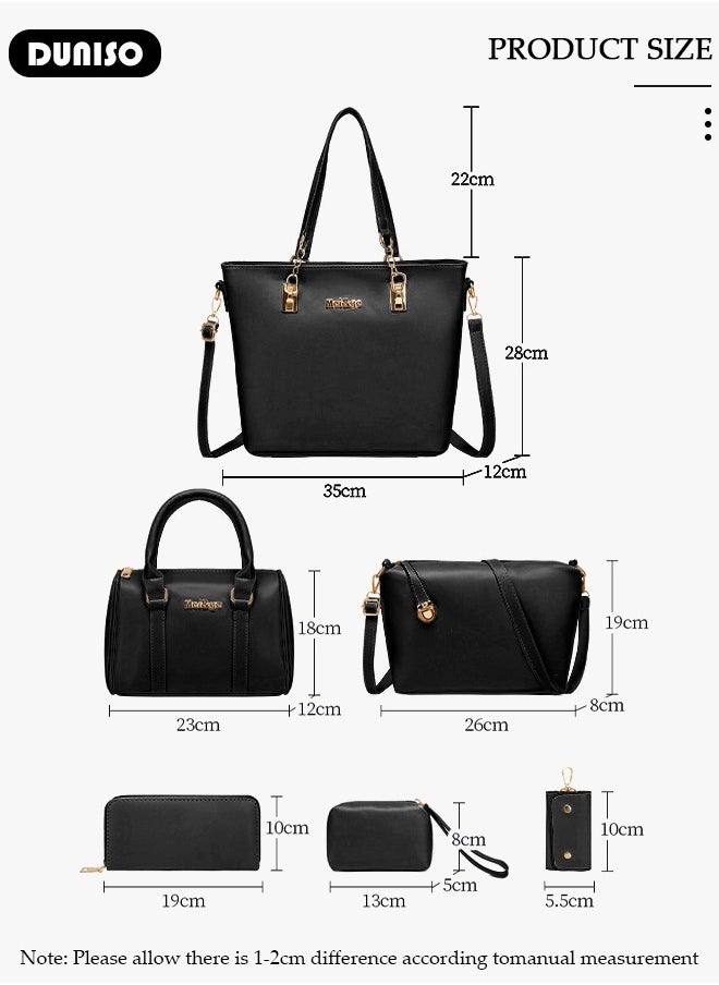DUNISO - 6 Pcs Handbags Set for Women, Black PU Leather Purse Sets, Ladies Fashion Multipurpose Travel Tote Bag, Shoulder Bag Crossbody Bag for Business Shopping Travelling - Image 1