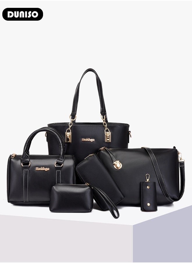 DUNISO - 6 Pcs Handbags Set for Women, Black PU Leather Purse Sets, Ladies Fashion Multipurpose Travel Tote Bag, Shoulder Bag Crossbody Bag for Business Shopping Travelling - Image 1