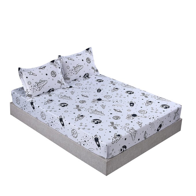 3 PCS SPACE SHEETS FULL WHITE BASED GALAXY SHEET ROCKETS PLANETS SHEET SET SUPER SOFT MICROFIBER FOR KIDS TEENS AND SPACE GALAXY LOVERS WITH1 FITTED SHEET AND 2 PILLOWCASES FULL SIZE