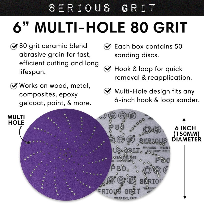 Serious Grit 6-Inch 80 Grit Ceramic Multi-Hole Hook & Loop Sanding Discs - Advanced Grain for Fast Cutting & Long Life - Film-Backed Universal Fit Sandpaper for 6-in Sanders - 50 Pack Box - Image 3