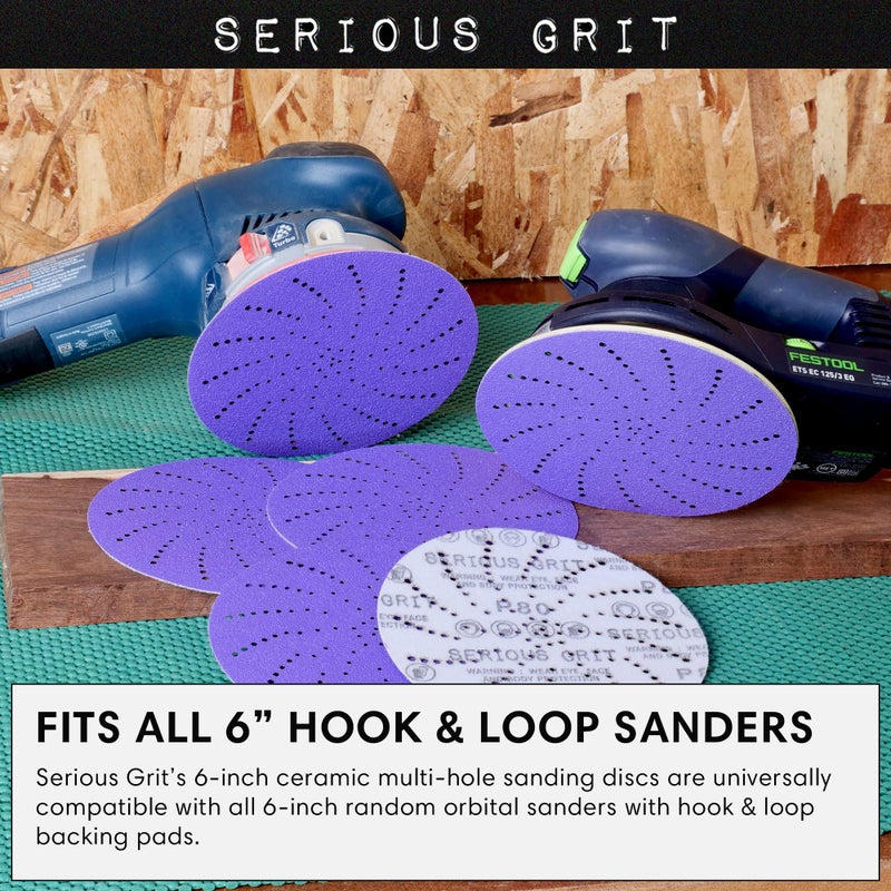 Serious Grit 6-Inch 80 Grit Ceramic Multi-Hole Hook & Loop Sanding Discs - Advanced Grain for Fast Cutting & Long Life - Film-Backed Universal Fit Sandpaper for 6-in Sanders - 50 Pack Box - Image 2