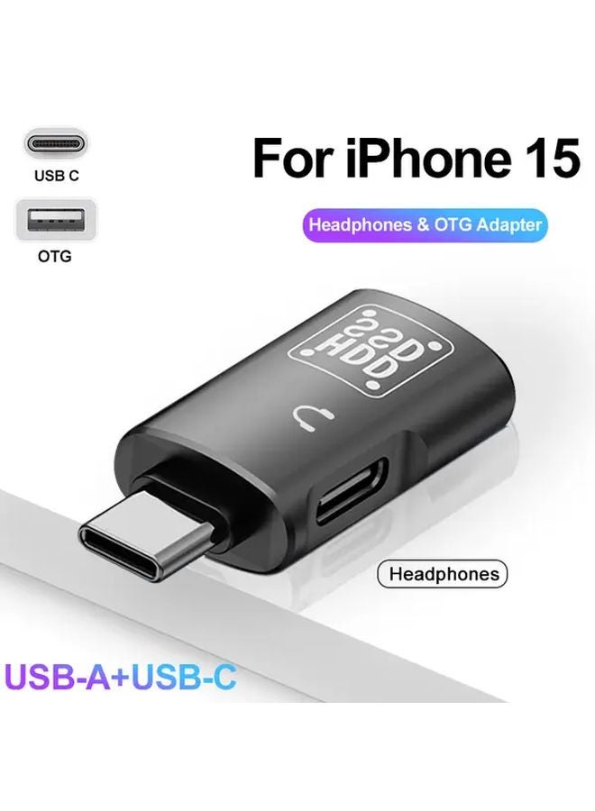 3 In 1 USB C OTG Adapter PD Fast Charging Audio Jack Black For iPhone 15 Laptops Tablets - Image 1