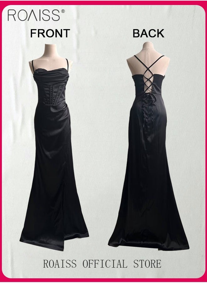 roaiss - Banquet Party Dress for Women Evening Dresses Side Slit Backless Long-Length Prom Ball Gown Elegant High Waist Slim Dress - Image 1