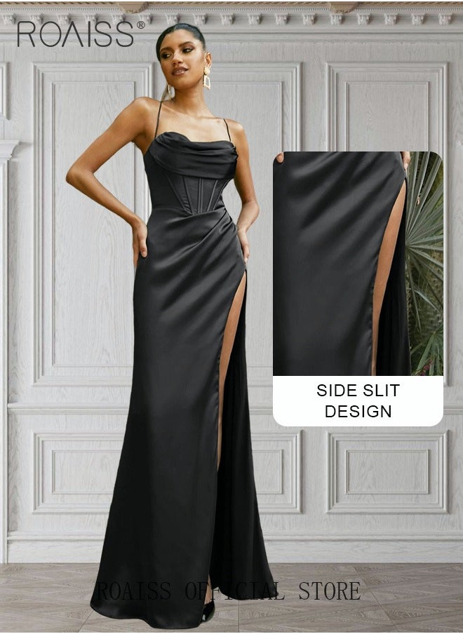 roaiss - Banquet Party Dress for Women Evening Dresses Side Slit Backless Long-Length Prom Ball Gown Elegant High Waist Slim Dress - Image 1