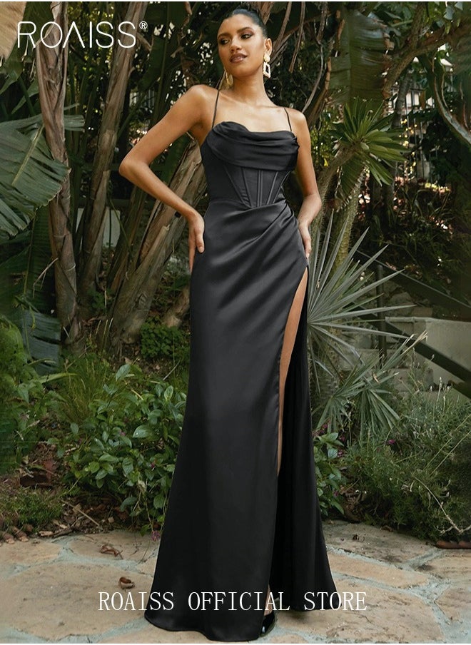 roaiss - Banquet Party Dress for Women Evening Dresses Side Slit Backless Long-Length Prom Ball Gown Elegant High Waist Slim Dress - Image 1