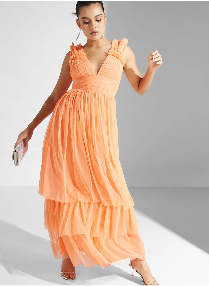 Lace and Beads Plunge Neck Ruched Waist Tiered Dress