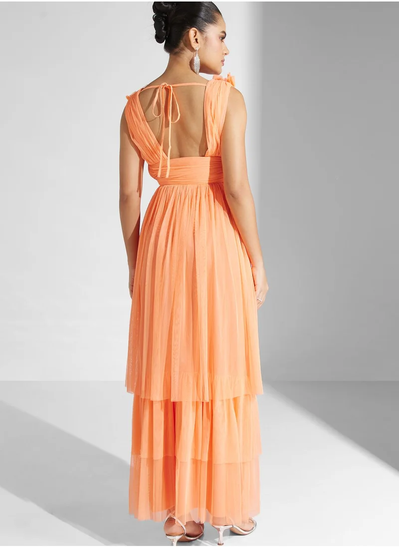 Lace and Beads Plunge Neck Ruched Waist Tiered Dress