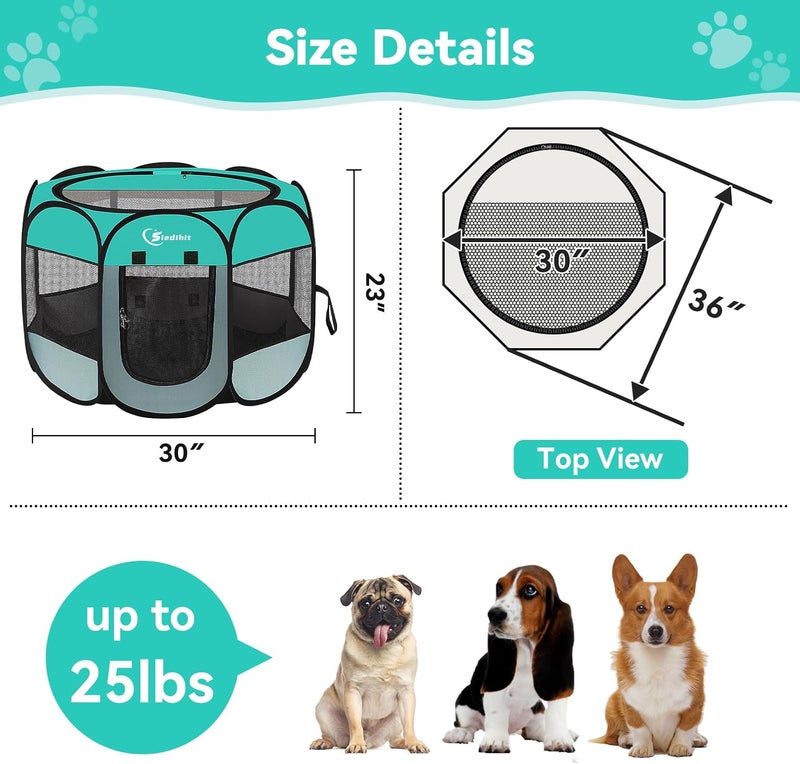 Siedihit Pink Puppy Playpen for Middle Dog Cat, Dogs Tent Crate Cage Indoor/Outdoor, Portable Pop Up Dog Kennel with Carrying Bag for Rabbits, Removable Top (Green, Medium) - Image 3