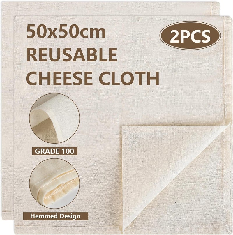 MOXYOY 2 Pcs Hemmed Cheese Cloths for Straining Reusable,50 * 50 cm Cheesecloth,Cotton Cloth Food Strainer,100% Unbleached Pure Cotton Ultra Fine Cheesecloth for Baking,Cooking,Homemade Cheese,Butter - Image 1