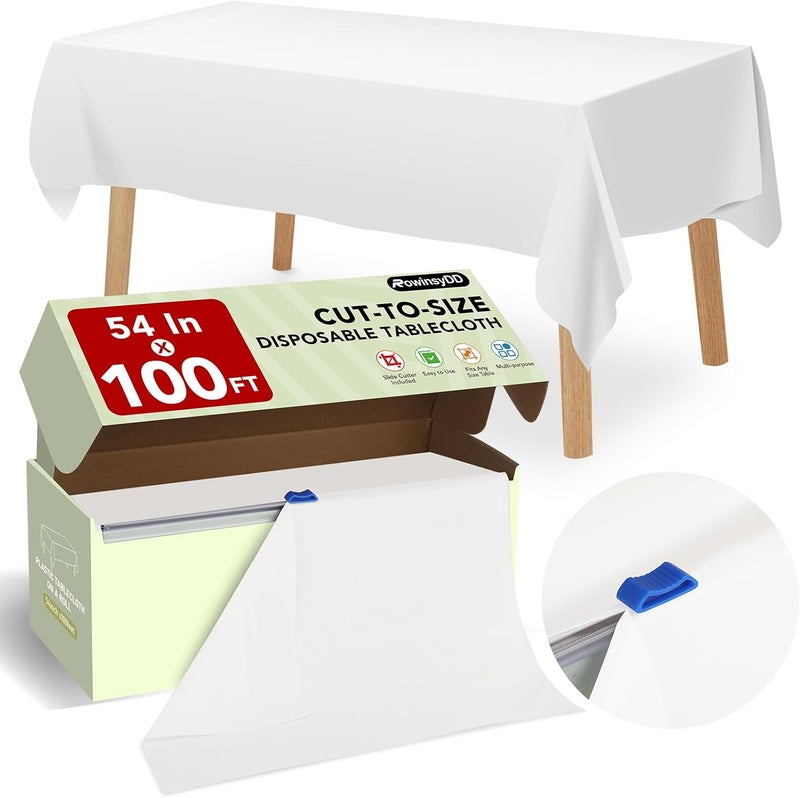 RowinsyDD 54 in X 100 FT White Plastic Table Cover Roll with Slide Cutter, Cuts Up to 12 Rectangle 8 Feet Disposable Plastic Table Cloths, Ideal for Dinning, Parties, BBQ, Wedding, Outdoor - Image 1