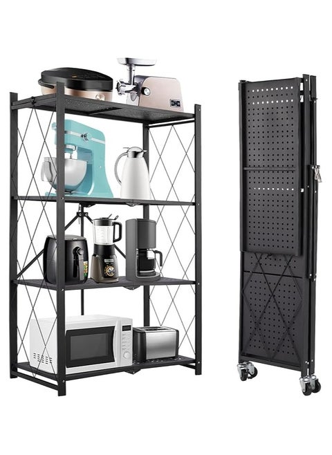 4 layer foldable storage rack with wheels, 4 tier foldable storage rolling shelf, no assembly, large capacity rack for Garage, Kitchen, Basement, Pantry, living room, bedroom, Black