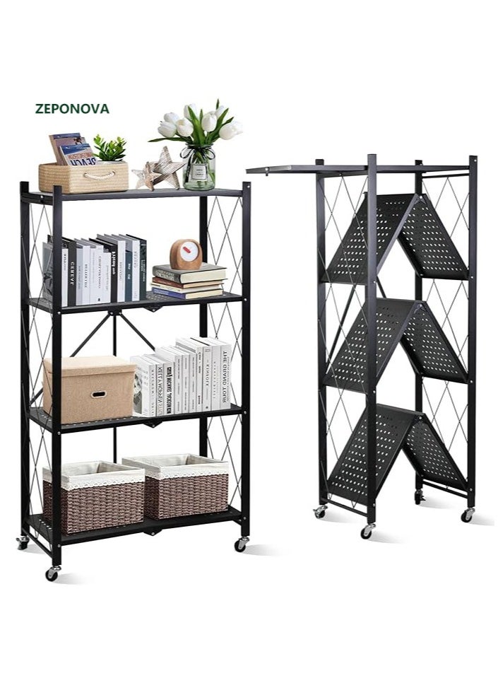 4 layer foldable storage rack with wheels, 4 tier foldable storage rolling shelf, no assembly, large capacity rack for Garage, Kitchen, Basement, Pantry, living room, bedroom, Black