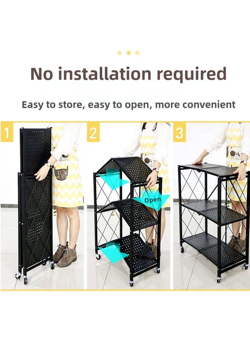 4 layer foldable storage rack with wheels, 4 tier foldable storage rolling shelf, no assembly, large capacity rack for Garage, Kitchen, Basement, Pantry, living room, bedroom, Black