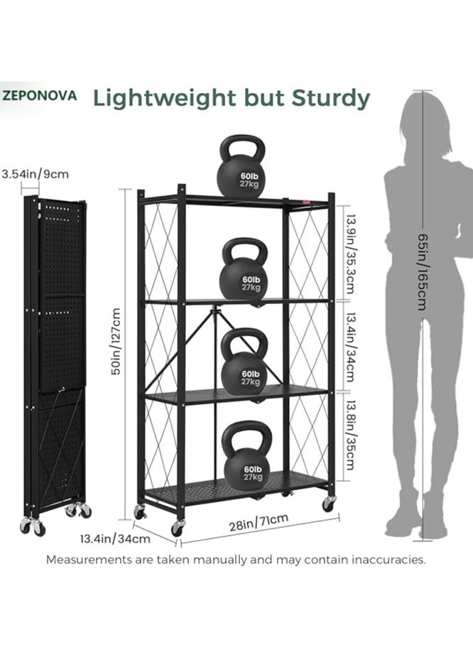 4 layer foldable storage rack with wheels, 4 tier foldable storage rolling shelf, no assembly, large capacity rack for Garage, Kitchen, Basement, Pantry, living room, bedroom, Black