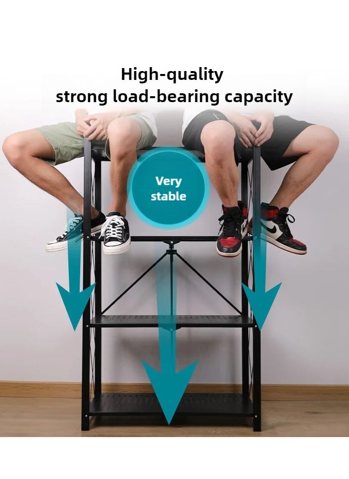 4 layer foldable storage rack with wheels, 4 tier foldable storage rolling shelf, no assembly, large capacity rack for Garage, Kitchen, Basement, Pantry, living room, bedroom, Black