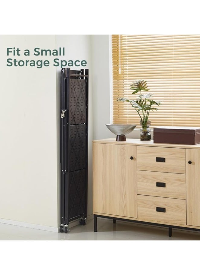 4 layer foldable storage rack with wheels, 4 tier foldable storage rolling shelf, no assembly, large capacity rack for Garage, Kitchen, Basement, Pantry, living room, bedroom, Black