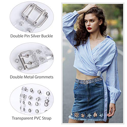 WERFORU Ladies Clear Double Grommet Belts With Holes for Teens Girls Transparent Punk Waist Belts for Jeans Shorts Thanksgiving Day(pants size below 35”,silver) - Image 2