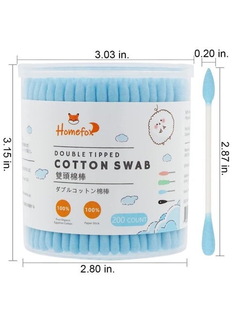 Blue Cotton Swabs Precision Pointed - 200 Count Pointy Organic Cotton Buds Double Side Tightly Wrapped Cotton Tips Paper Stick Soft Gentle Chlorine-Free Cruelty-Free, Pointy & Round (Blue)