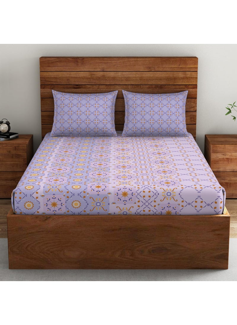SPACES Spaces 100 Cotton Double Bedsheet 224 Cm X 254 Cm 43 Cm X 68 Cm 132 Tc Percale Geometric Bedsheet Pillow Covers Set Orchid Ice Morroccan  - Image 1