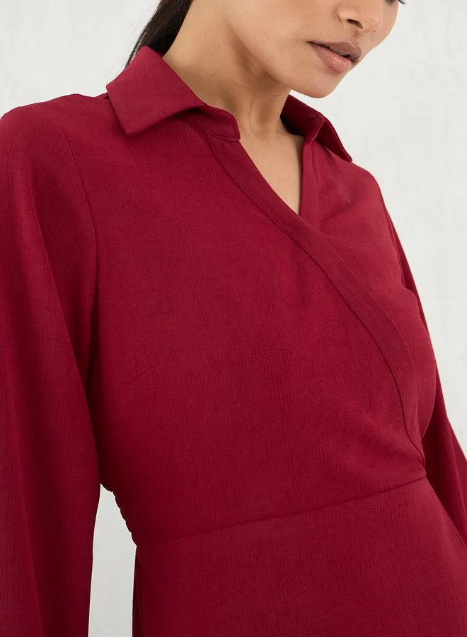 Femmella  Red Solid Wrap Look A-Line Knee Length Dress for Women | Best Price UAE