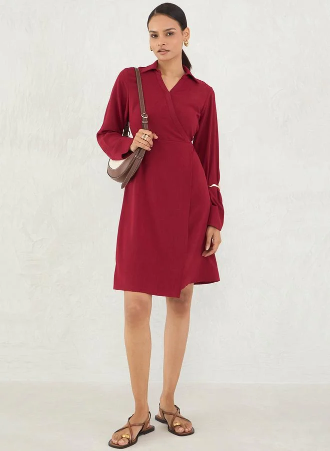 Femmella  Red Solid Wrap Look A-Line Knee Length Dress for Women | Best Price UAE