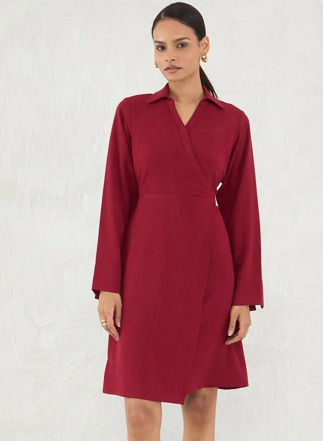 Red Solid Wrap Look A-Line Knee Length Dress
