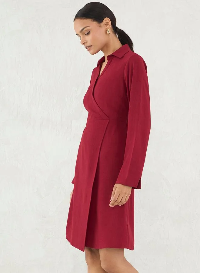Femmella  Red Solid Wrap Look A-Line Knee Length Dress for Women | Best Price UAE
