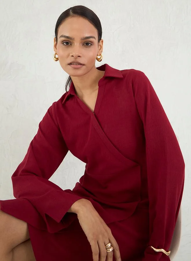 Femmella  Red Solid Wrap Look A-Line Knee Length Dress for Women | Best Price UAE
