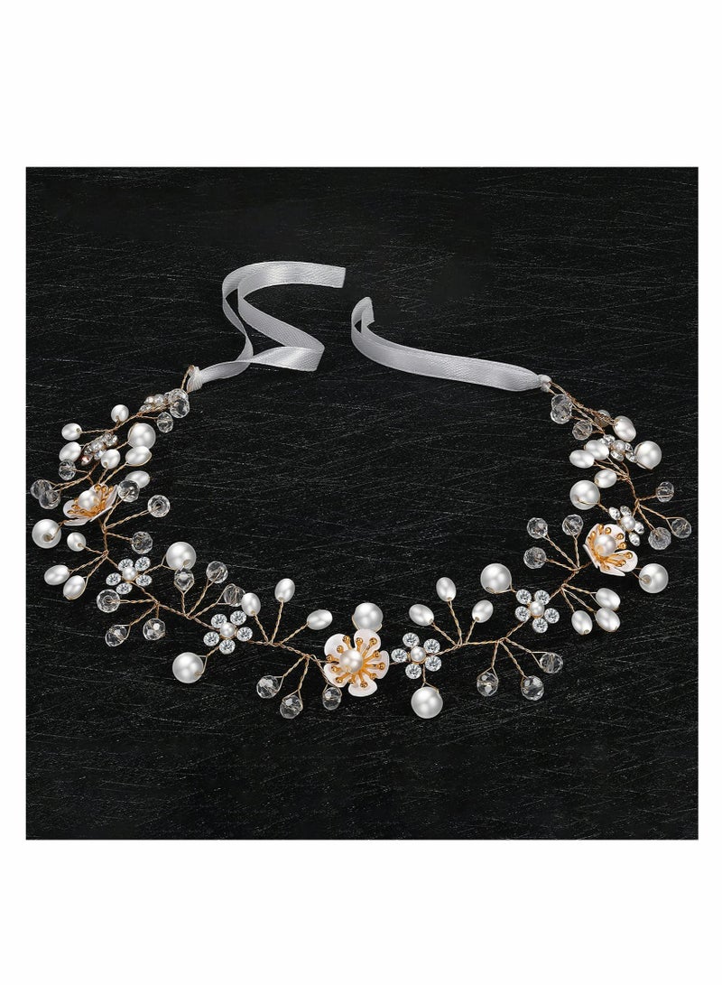 SOLARAE Crystal Pearl Headband, Pearl Flower Headpiece Wedding Bridal Hair Vine Rhinestone Hair Vine Silver Leaf Crystal Hair Band Hair Accessories for Women Girls Bridesmaids Wedding Parties - Image 1